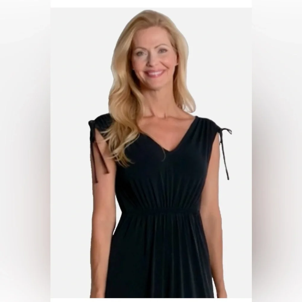 IMAN Global Chic Cinched Shoulder V-Neck Maxi Dress Black Size XL - Picture 3 of 9